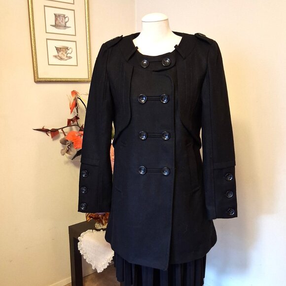 NWT 2 Two Women's Black Double Breasted Wool Blend Lined Winter Pea Coat - Picture 5 of 15